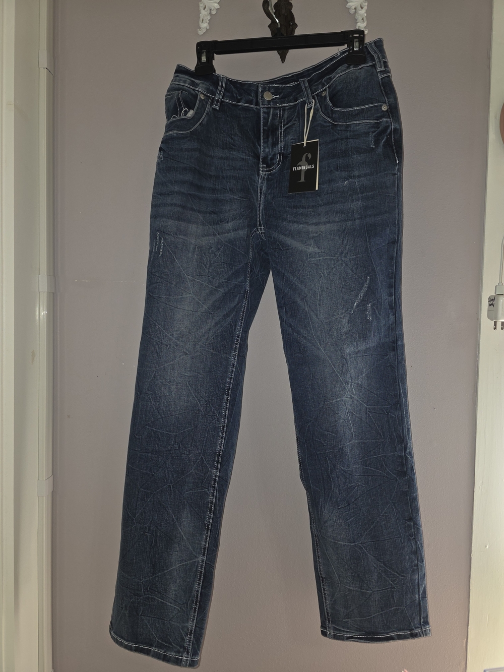 Flaminglas Dark Blue Distressed Straight-Leg Jeans Mid Waiste BNw Tags L